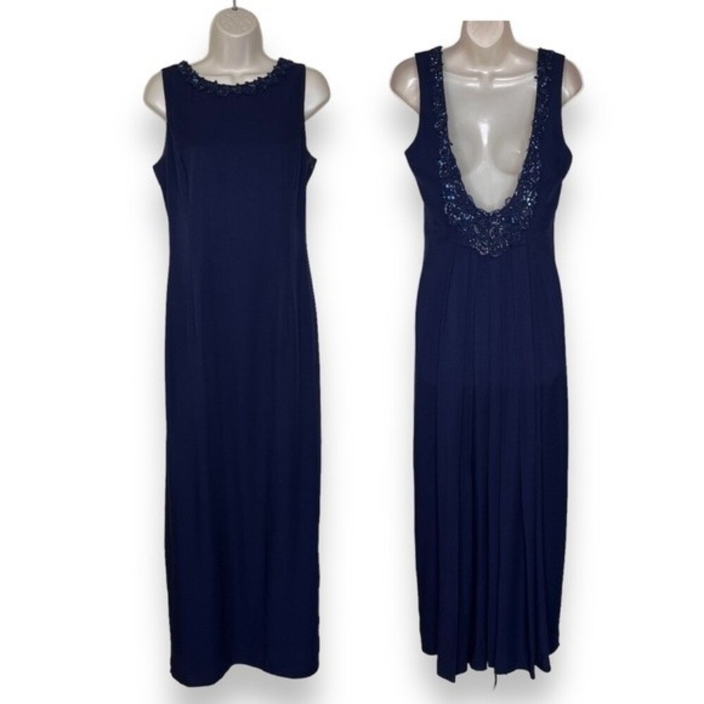 Vintage Scott McClintock Low Back Lace Beaded Applique Navy Long Dress Women 10